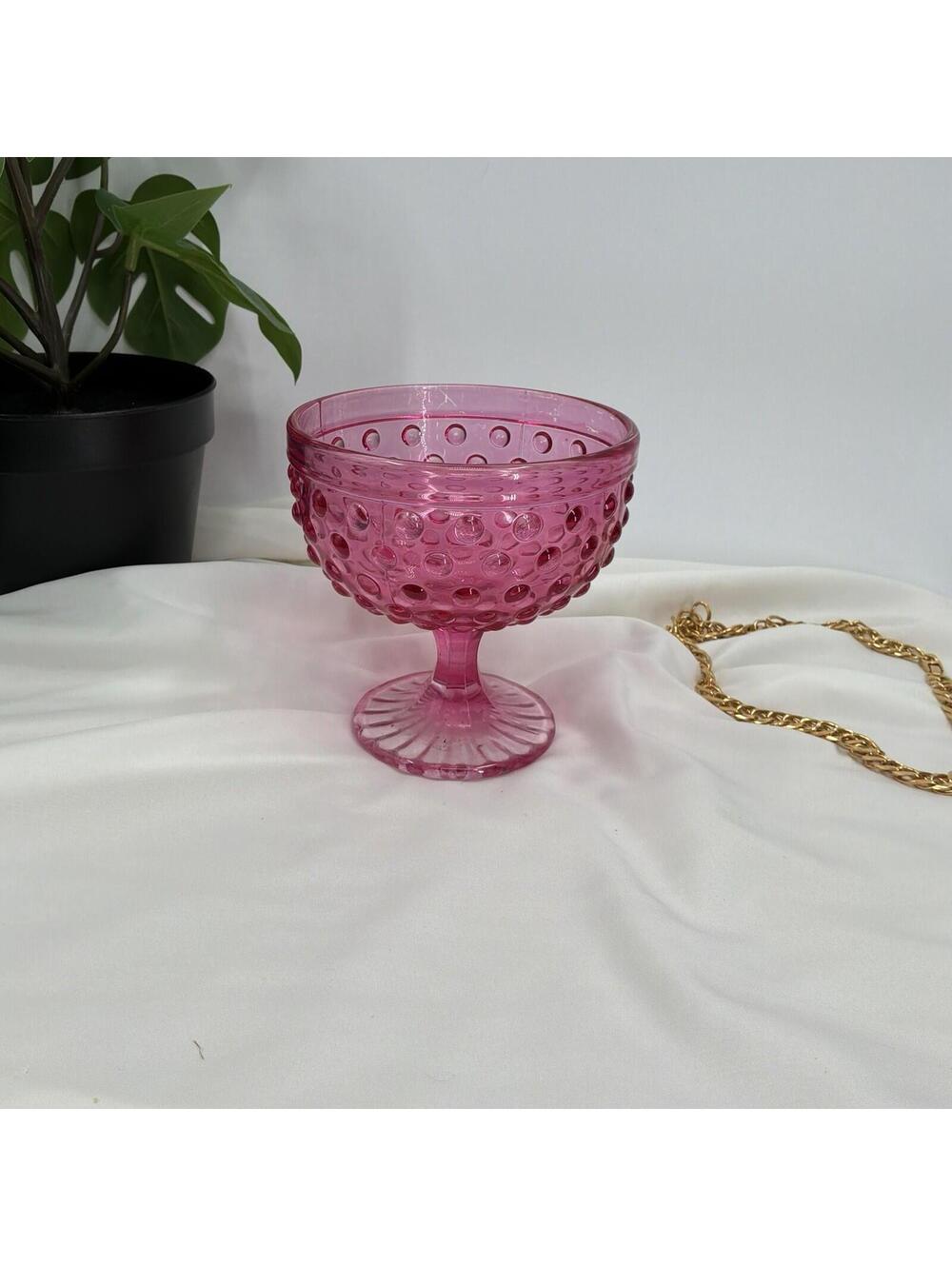 Pink Hobnail Glass Goblet Wine Glasses Trinket Dish Vintage Decor